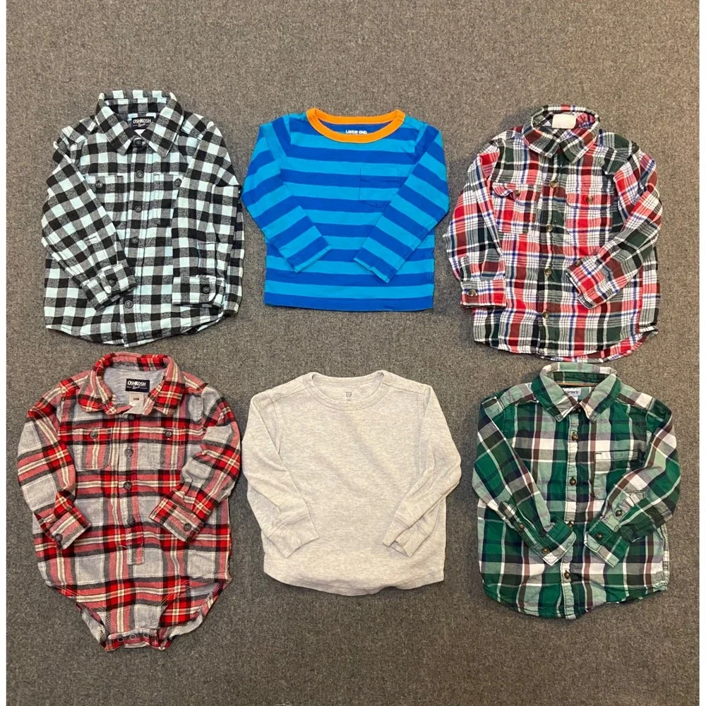 OshKosh Gap Lands End Boys 2T 24M Shirt Bundle 6pc Plaid Flannel Long Sleeve Tee